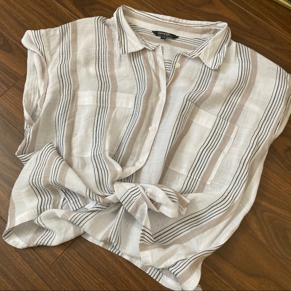 Cream and Beige Striped Short Sleeve Button Down Shirt